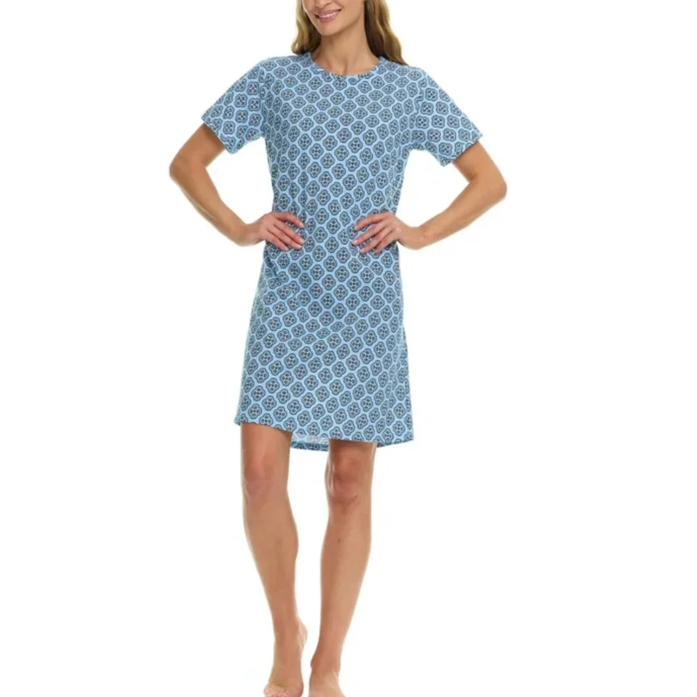 Vera Bradley Blue Geo Cotton Night Gown Pajama Sleep Shirt S NEW